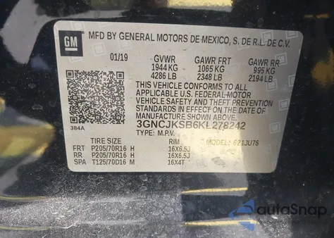 2019 Chevrolet Trax Ls из США, поврежденный, VIN 3GNCJKSB6KL278242